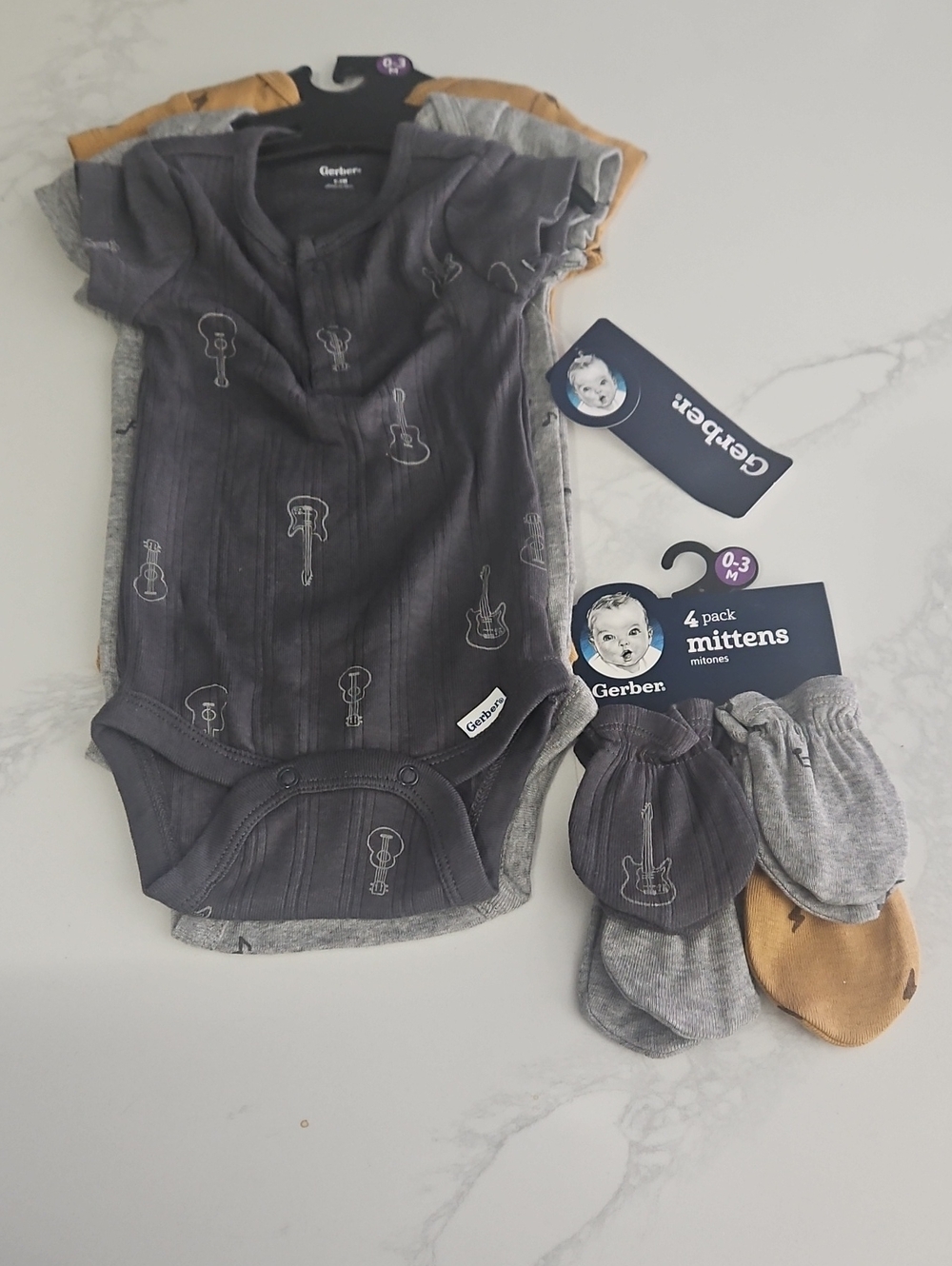 Gerber Baby 4-Pack Guitar Print Bodysuits & Mittens - Gray Multi